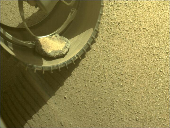 A rock in the front left wheel of Perseverance on Sol 343, image obtained on 6 February 2022 (Sol 343).