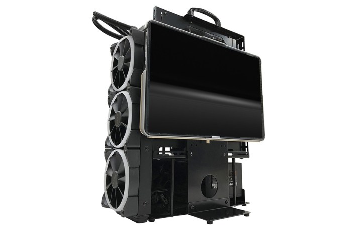 Nagao open frame computer case with screen attached to it.