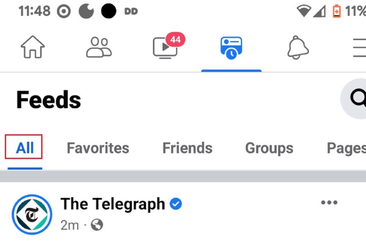Selecting the All section of the Feeds tab in the Facebook mobile app for Android.