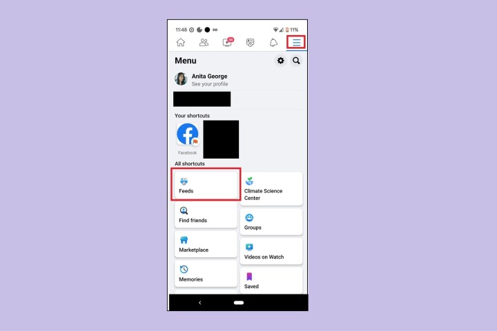 Accessing the Feeds tab from the Menu option in the Facebook mobile app for Android.