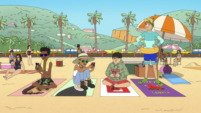 Dale, Derica, Benny e Truman sentados na praia em uma cena de Fairfax.