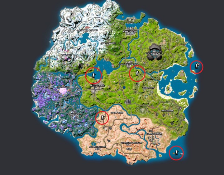 Map of crashed IO airships in Fortnite.