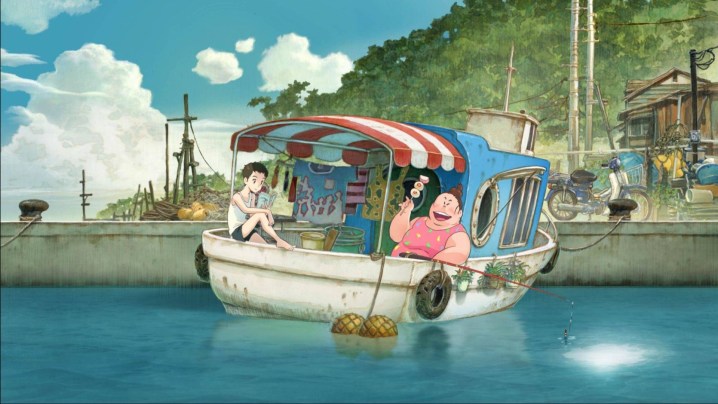 The young protagonist Kikuko and her mother Nikuko on their boat home in the harbor.