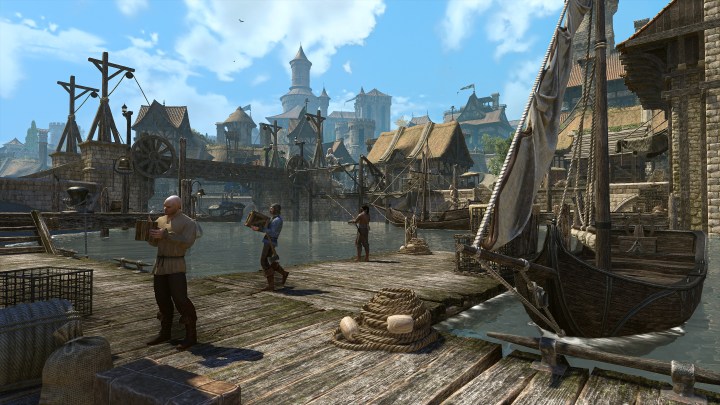 Charaktere, die auf Docks in Gonfalon Bay stehen.