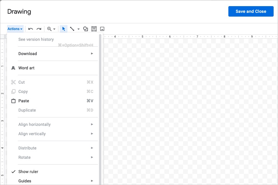 Janela da ferramenta de desenho do Google Docs com ações.