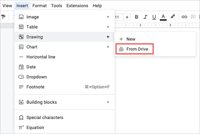 Disegno, da Drive nel menu Inserisci di Google Documenti.