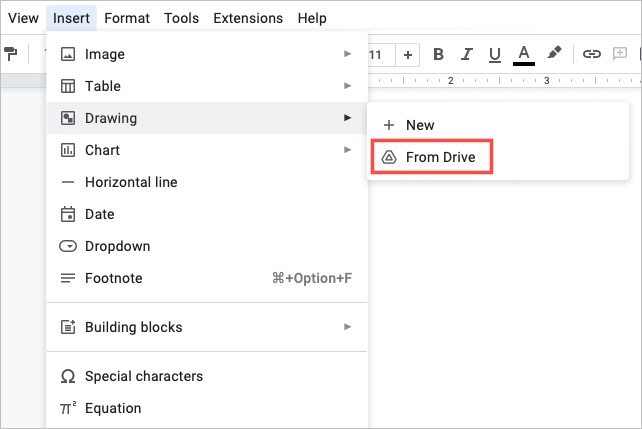 Google डॉक्स सम्मिलित करें मेनू में ड्राइव से ड्राइंग।