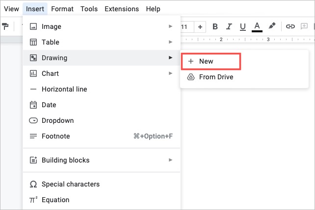 Google Docs में Insert ड्रॉप-डाउन के अंतर्गत New के चारों ओर एक लाल बॉक्स।