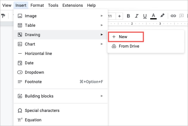 Google 文档中“插入”下拉菜单下“新建”周围的红色框。