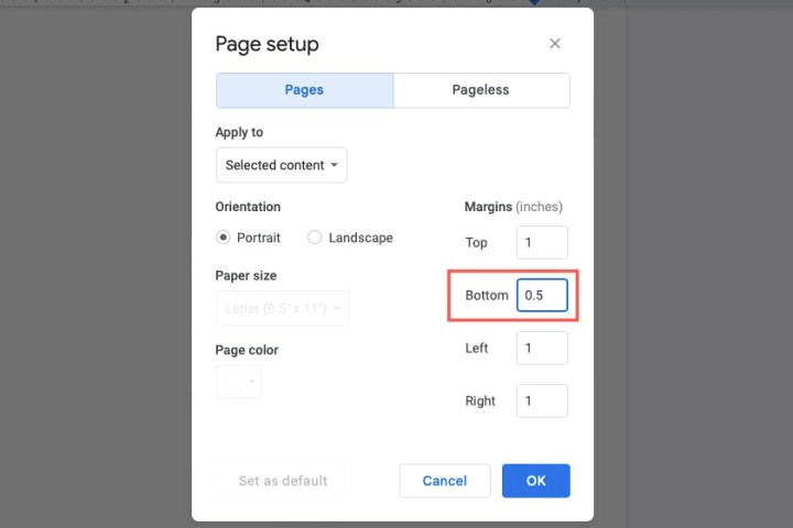 تنظیم حاشیه پایین در Google Docs.