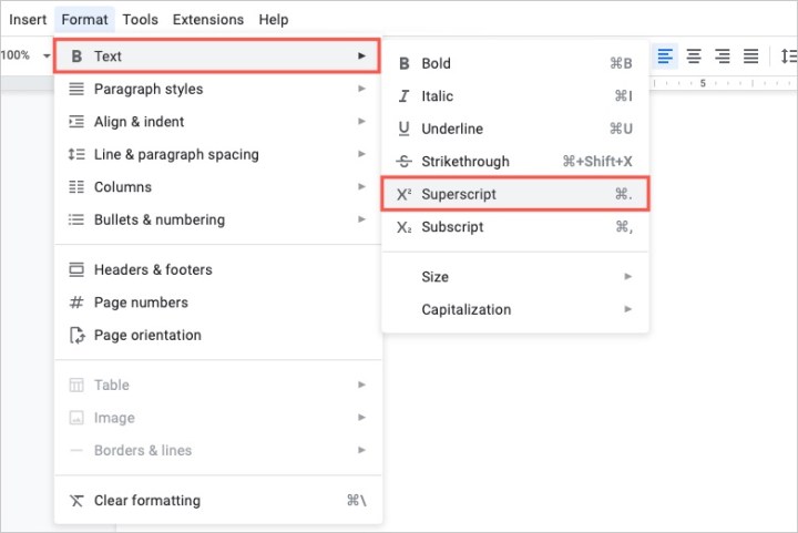 متن، Superscript در منوی Google Docs Format.