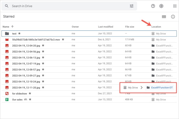 Spalte Google Drive-Speicherort mit einem Dateipfad.