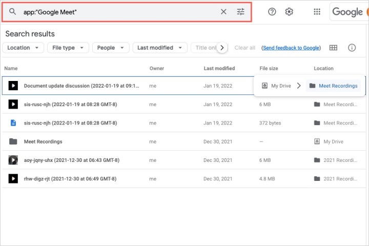 Resultados de pesquisa do Google Meet no Google Drive.