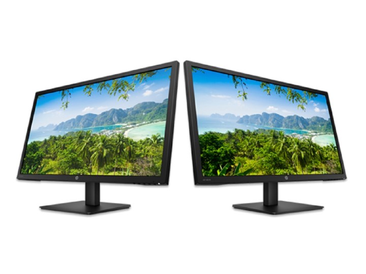 Two units of the HP V28 4K monitor side by side, with a nature scene on their screens.