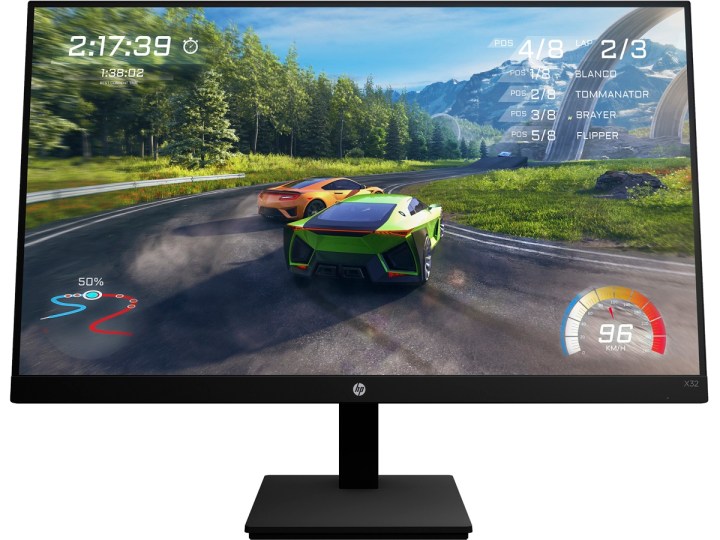 The HP X32 QHD Gaming Monitor with a racing game on the screen.