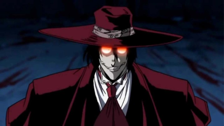 Alucard wearing his signature blood-red outfit grinning behind his shining glasses.