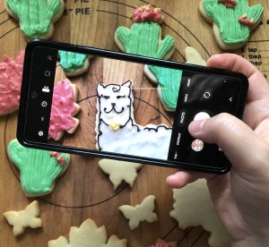 Someone taking a picture of a llama cookie.