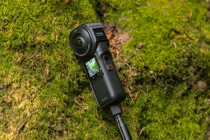 The Insta360 One RS 1-inch 360 Edition on a mossy tree.