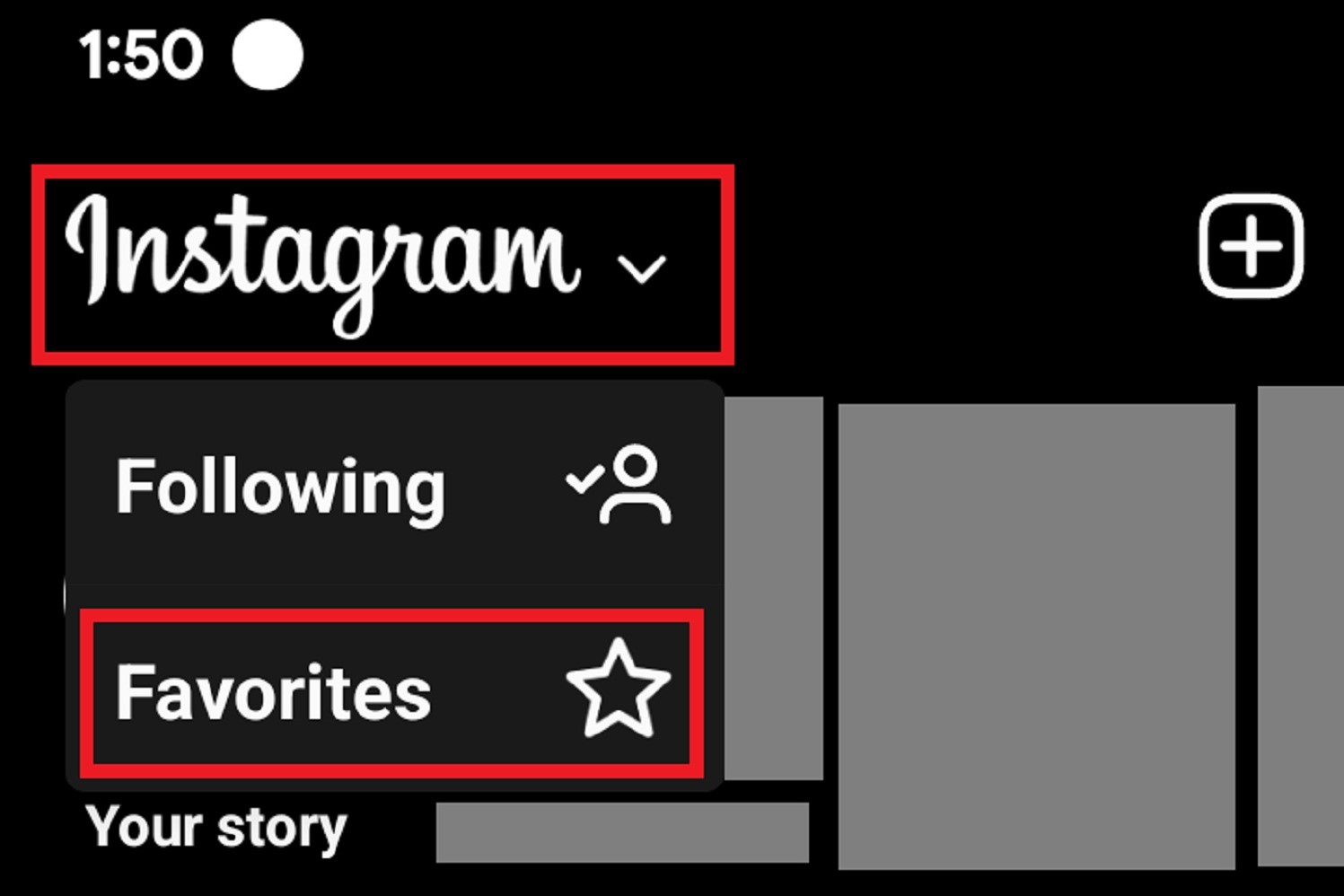 A opção de menu do feed Favoritos do Instagram.