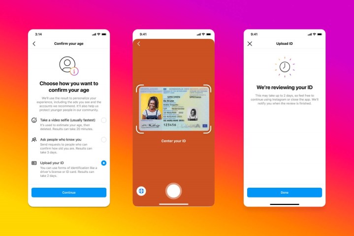 A series of three mobile phone screenshots showing the new process of age verification on Instagram, all on a brightly colored gradient background.