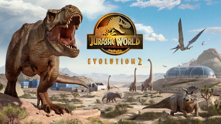 Un T-Rex rugissant dans les déserts de l'Arizona pour l'art promotionnel de Jurassic World Evolution 2.