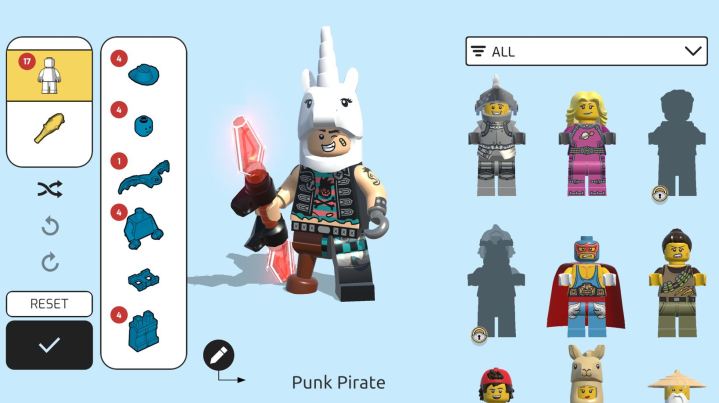 A player customizes a punk pirate in Lego Brawls.
