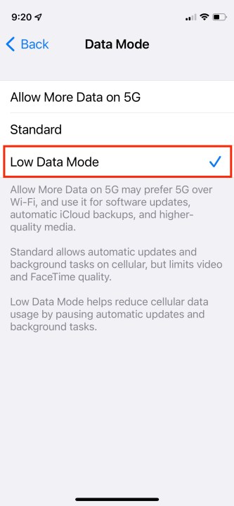 Select iPhone Low Data mode.
