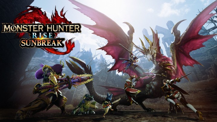 Una squadra di cacciatori e i loro compagni Palico che combattono il drago vampiro Malzeno in Monster Hunter Rise: Sunbreak key art.