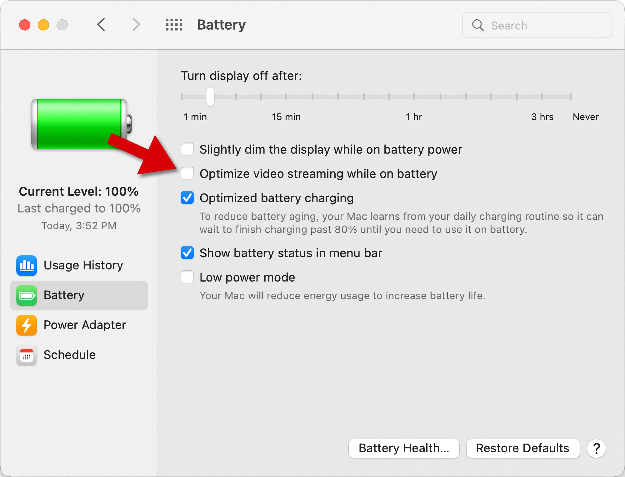 Use as Preferências do Sistema MacOS para desativar o vídeo otimizado na bateria para MacBook HDR.