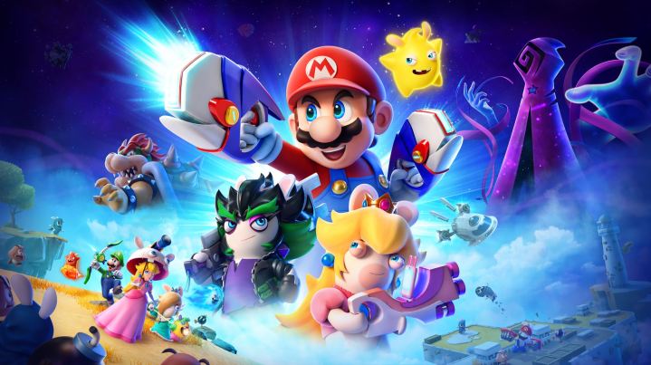 Mario, Rabbid Peach, and more characters pose in Mario + Rabbids: Sparks of Hope key art.