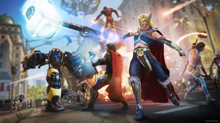 Jane Foster's Mighty Thor and the Avengers fight off aims forces in Marvel's Avengers.
