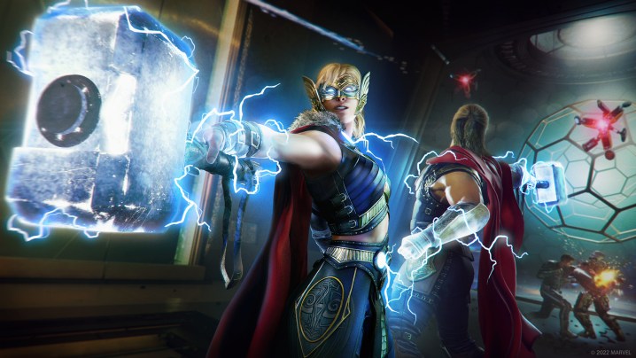 Jane Foster and Thor both wield Mjolnir while fighting enemies.