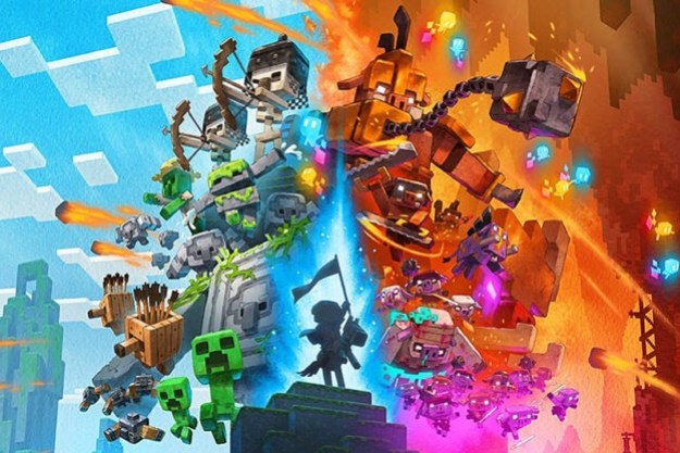 Minecraft Legends artwork featuring dozens of characters on a blue and red background.
