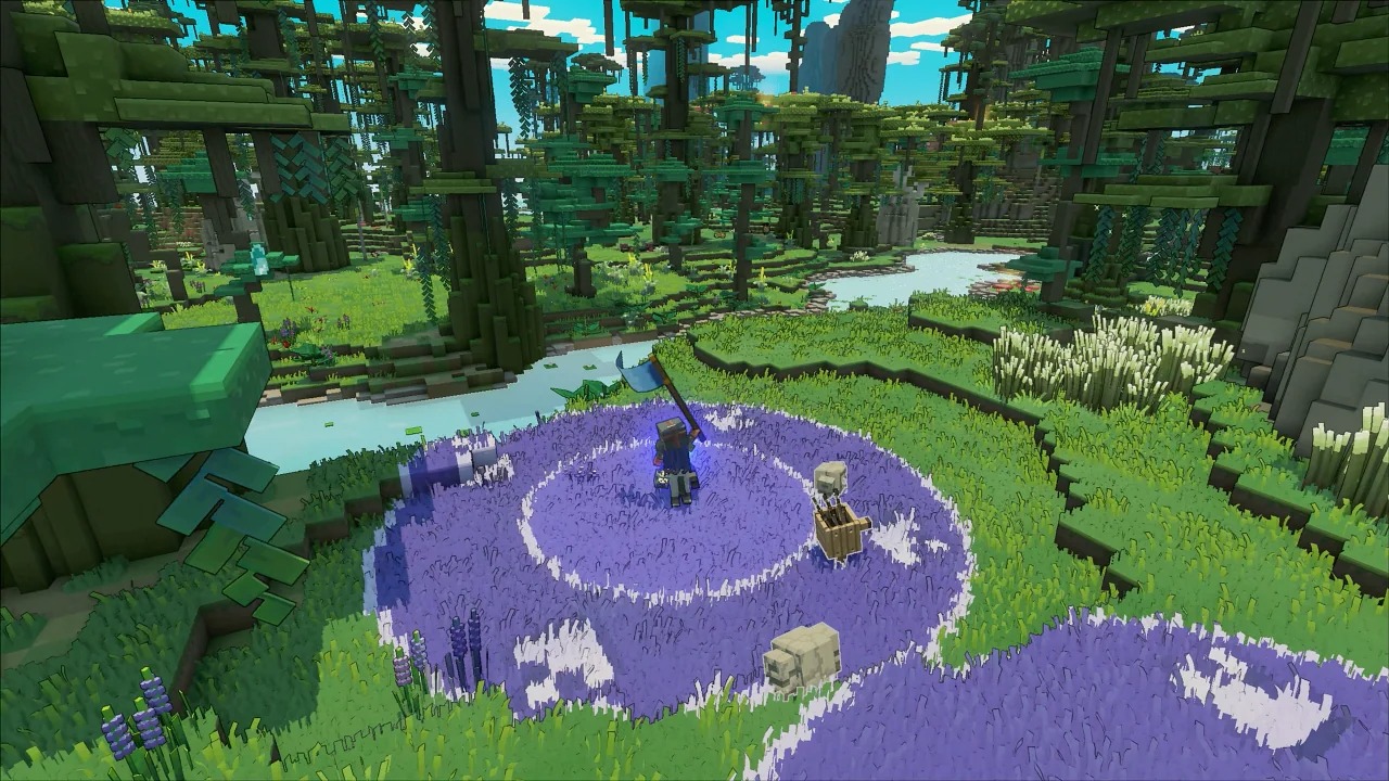 بازیکن Minecraft Legends با یک دایره آبی در اطراف آنها.