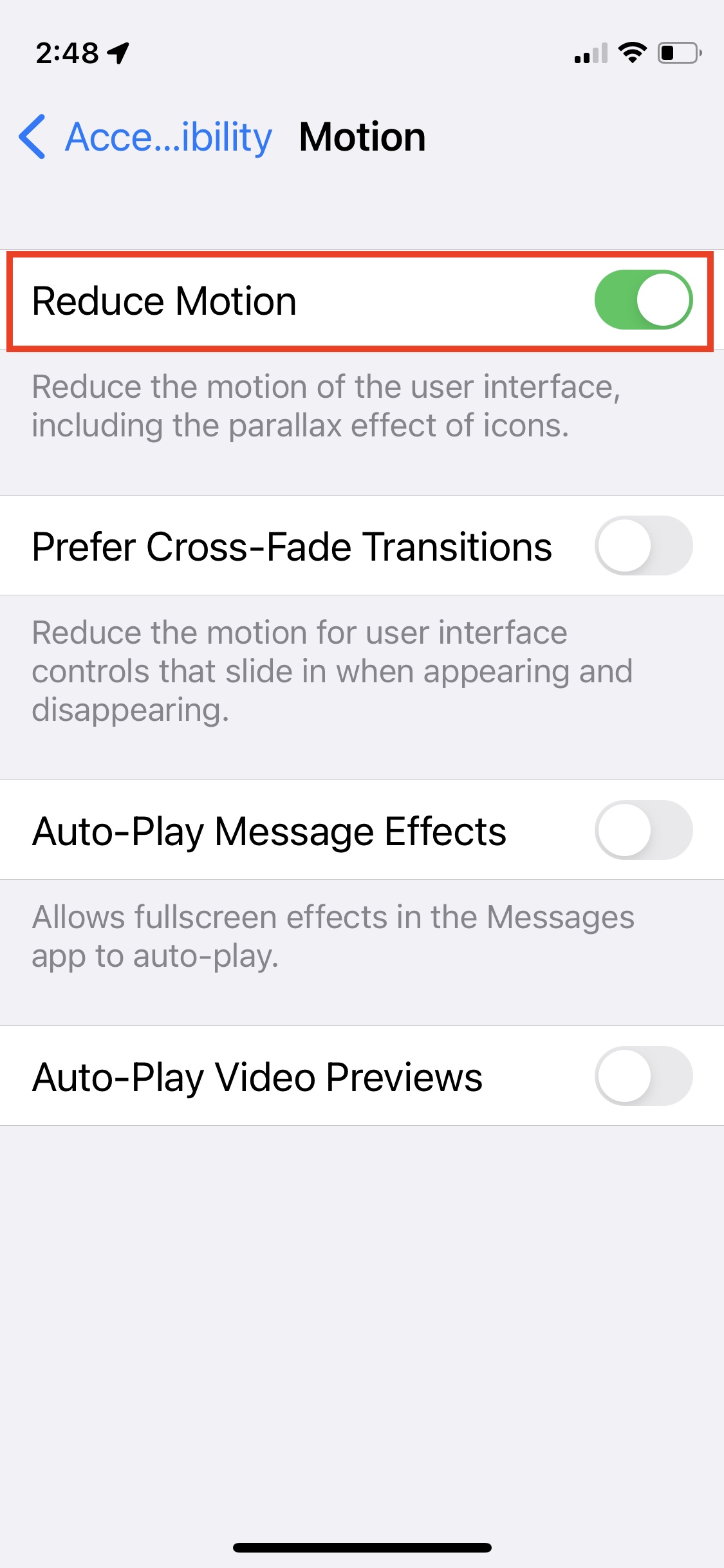 iOS reduz alternância de movimento.