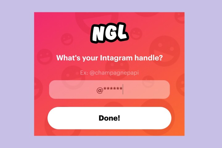 The enter your Instagram handle screen on the NGL mobile app.