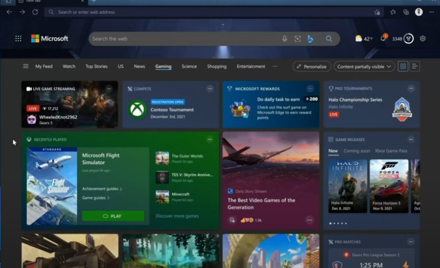 A screenshot of the new Edge Gaming view