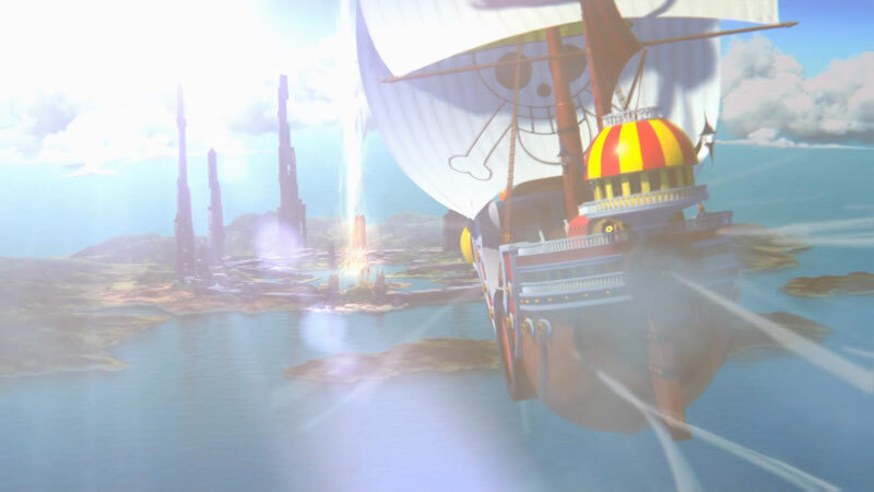 O navio One Piece voando em direção a uma ilha.