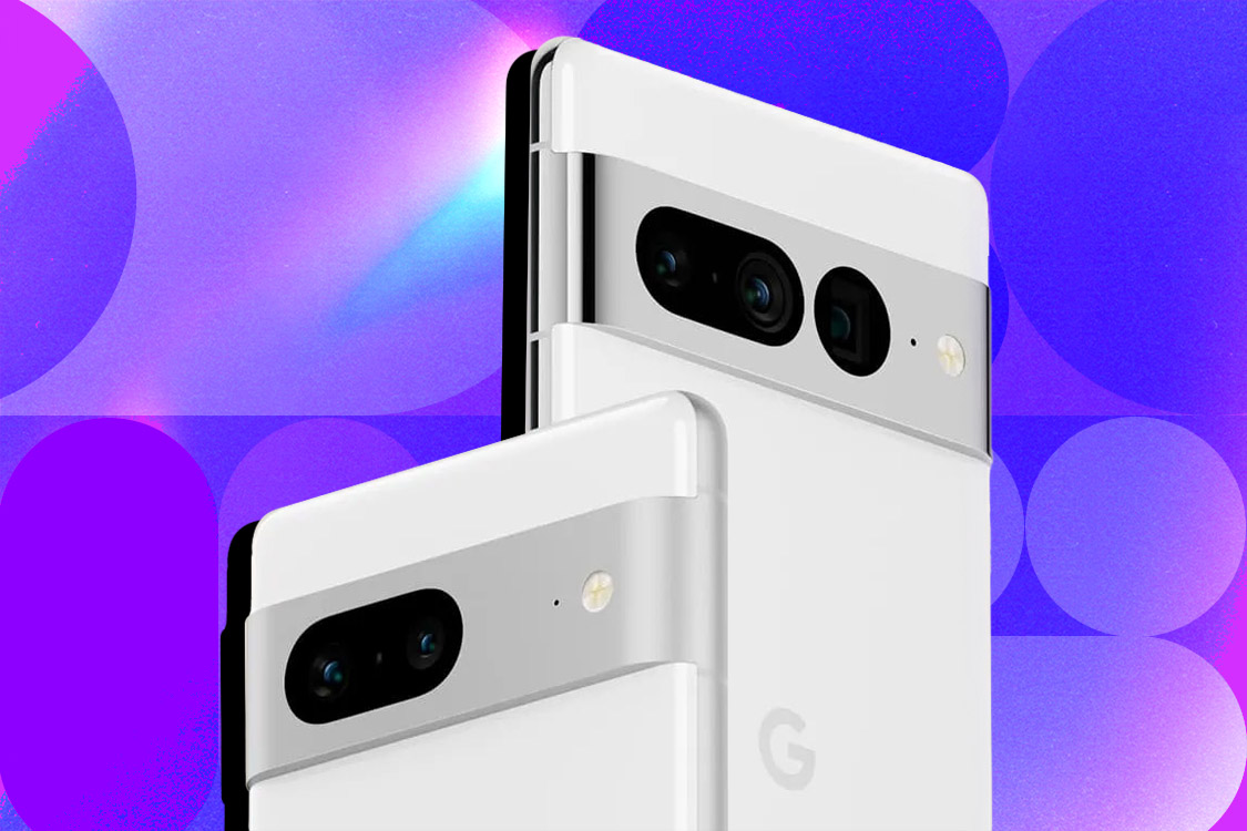 Google Pixel 7 and Pixel 7 Pro in white on a stylized background