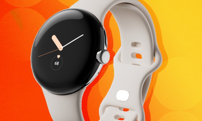 Google Pixel Watch product image on an orange stylized background.