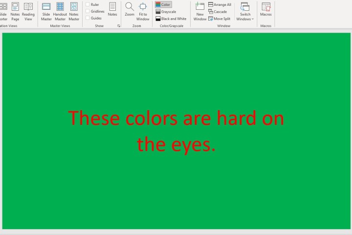 Red text on green slide in PowerPoint.