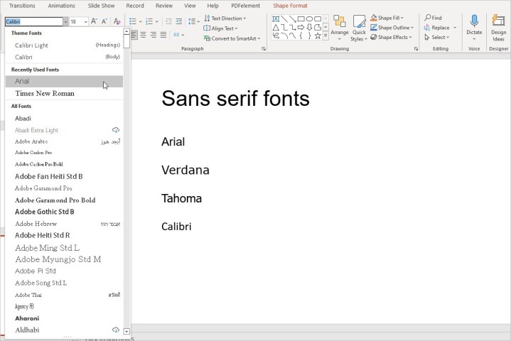 List of sans serif fonts in PowerPoint.