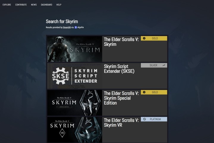 The search results for Skyrim on ProtonDB.