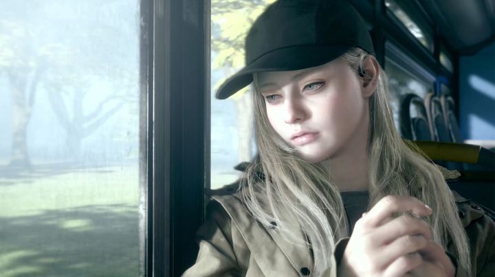 Ethan Winter's daughter Rosemary sits sadly on a bus in Resident Evil Village Shadow of Rose.