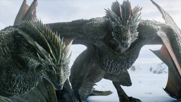 Daenerys Rhaegal and Drogon's dragons in season 8 of Game of Thrones.