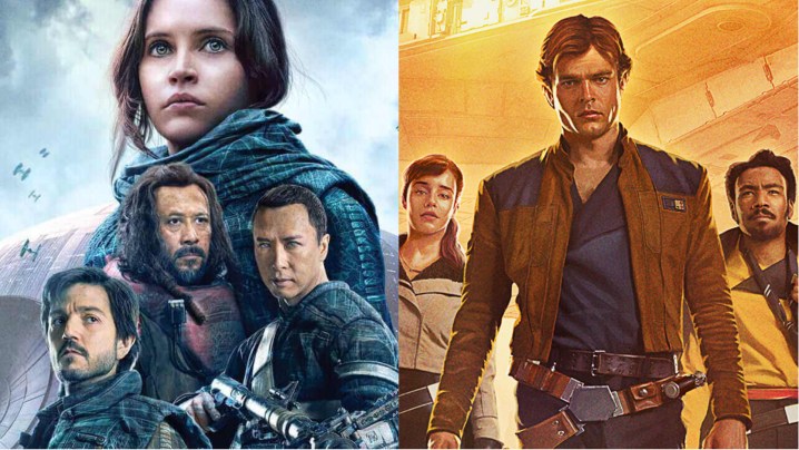 Split image of Rogue One and Solo promotional posters.