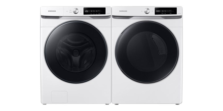 Samsung Smart Dial Front Load Super Speed Wash Washer and Smart Dial Super Speed Dry Electric Dryer next to each other on a white background.