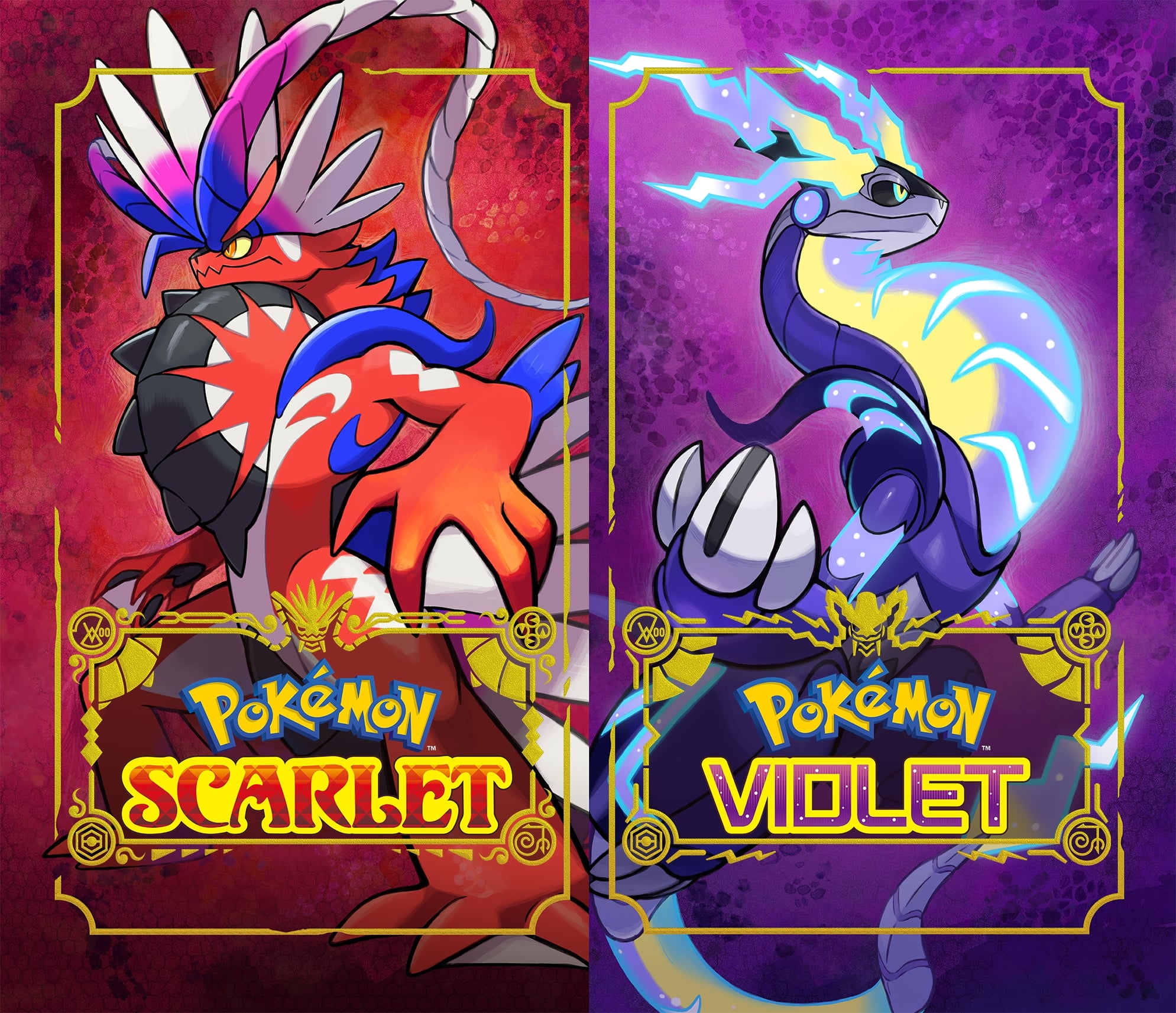 Die Box-Art für die beiden Pokémon Scarlet und Violet nebeneinander.