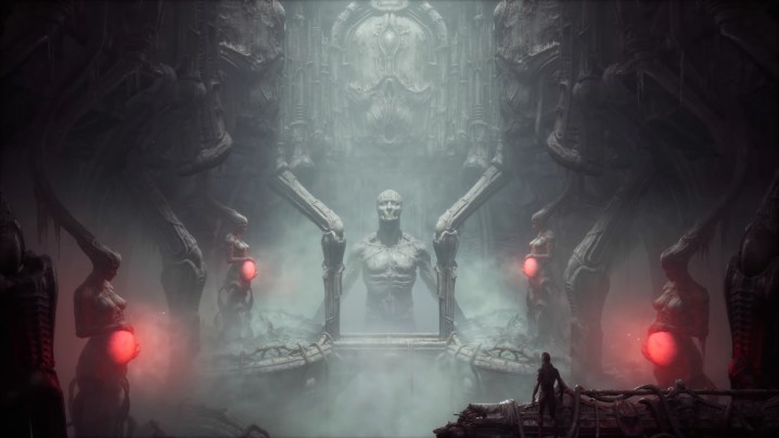 A single skeletal statue surrounded by female statues with glowing red stomachs in a creepy temple.
