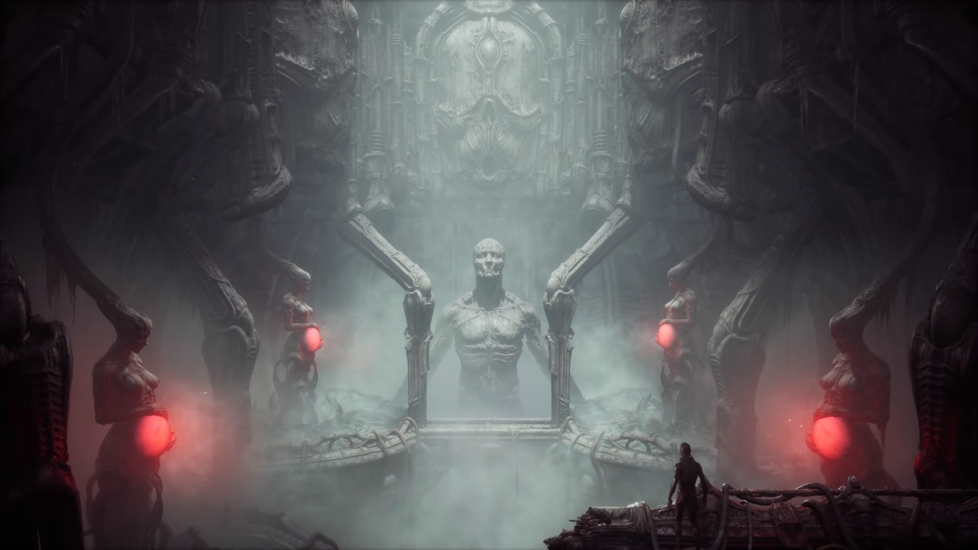 Uma única estátua esquelética cercada por estátuas femininas com estômagos vermelhos brilhantes em um templo assustador.